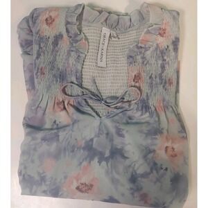 Grace‎ + Karma Women's Large Blouse Floral Smocked Ruffles Lined Oversized Lined